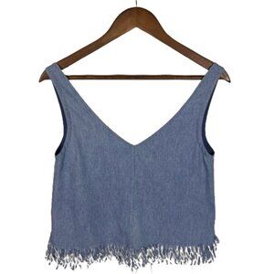 Boutique Womens Denim Chambray Crop Top Extra Small Fringe Hem‎ Boho Festival